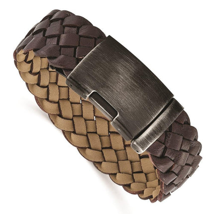 Stainless Steel Antiqued and Brushed Brown Braided Leather 9in Bracelet ,