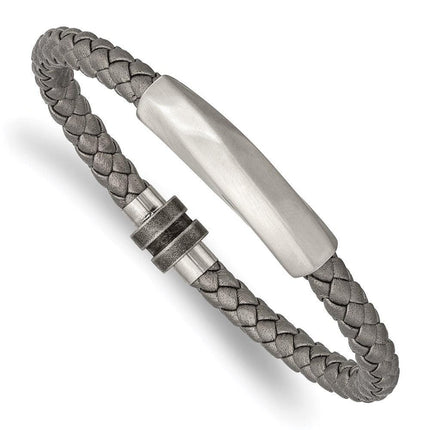 Stainless Steel Antiqued and Brushed Grey Leather 8.25in Bracelet ,