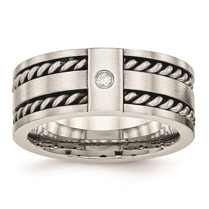 Stainless Steel Antiqued and Brushed with CZ Twisted 9.00mm Band ,