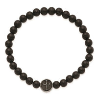 Stainless Steel Antiqued & Polished Black Agate Cross Stretch Bracelet ,