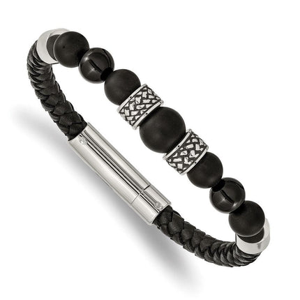 Stainless Steel Antiqued and Polished Black Agate Leather 8.25in Bracelet ,