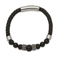 Stainless Steel Antiqued and Polished Black Agate Leather 8.25in Bracelet ,