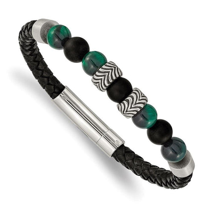 Stainless Steel Antiqued & Polished Black Agate/Green Tiger's Eye Leather B ,