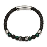 Stainless Steel Antiqued & Polished Black Agate/Green Tiger's Eye Leather B ,