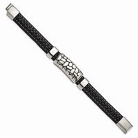 Stainless Steel Antiqued & Polished Black Faux Leather 8.5in Bracelet ,