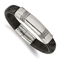 Stainless Steel Antiqued and Polished Black Leather 8.25in ID Bracelet ,
