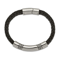 Stainless Steel Antiqued and Polished Black Leather 8.25in ID Bracelet ,