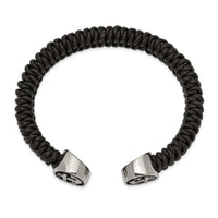 Stainless Steel Antiqued and Polished Black Leather Anchor Cuff Bracelet ,