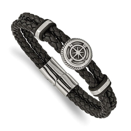 Stainless Steel Antiqued & Polished Black Leather Compass 8in Bracelet ,