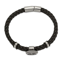 Stainless Steel Antiqued & Polished Black Leather Compass 8in Bracelet ,