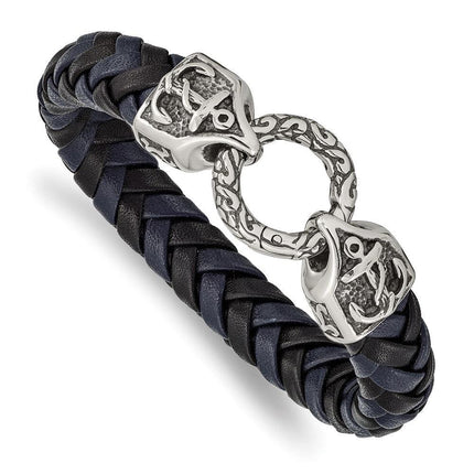 Stainless Steel Antiqued and Polished Black/Blue Leather 8.25in Bracelet ,