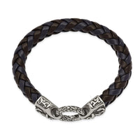Stainless Steel Antiqued and Polished Black/Blue Leather 8.25in Bracelet ,