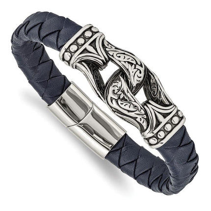 Stainless Steel Antiqued and Polished Blue Leather 8.75in Bracelet ,