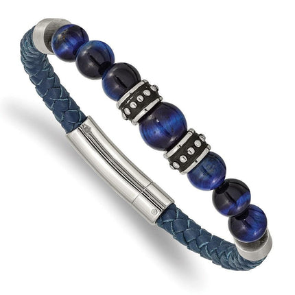 Stainless Steel Antiqued and Polished Blue Tiger's Eye Leather Bracelet ,