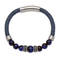 Stainless Steel Antiqued and Polished Blue Tiger's Eye Leather Bracelet ,