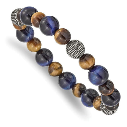 Stainless Steel Antiqued & Polished Brown/Blue Tiger's Eye Stretch Bracelet ,