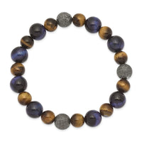 Stainless Steel Antiqued & Polished Brown/Blue Tiger's Eye Stretch Bracelet ,