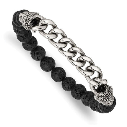 Stainless Steel Antiqued & Polished Buddha Lava Stone Beaded Stretch Bracel ,