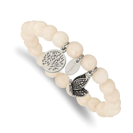 Stainless Steel Antiqued & Polished Butterfly White Jade Stretch Bracelet ,