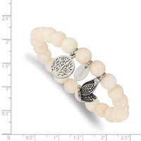 Stainless Steel Antiqued & Polished Butterfly White Jade Stretch Bracelet ,