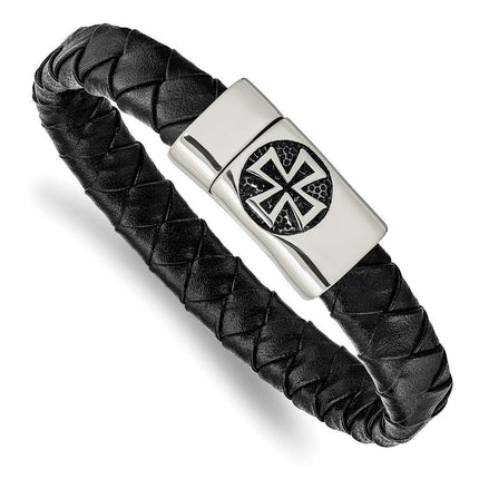 Stainless Steel Antiqued and Polished Cross Black Leather 8.5in Bracelet ,