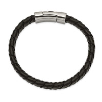 Stainless Steel Antiqued and Polished Cross Black Leather 8.5in Bracelet ,
