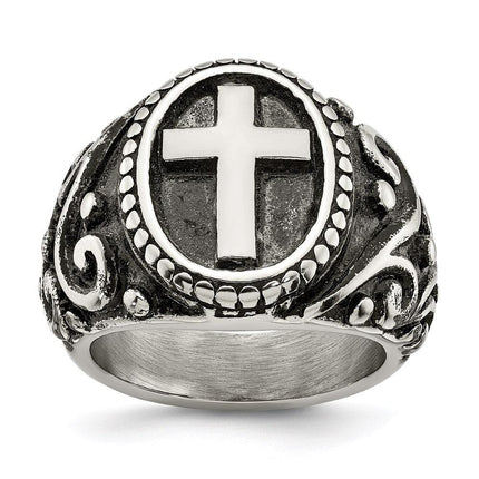 Stainless Steel Antiqued and Polished Cross Ring ,