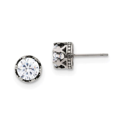 Stainless Steel Antiqued and Polished Crown w/CZ Post Earrings ,