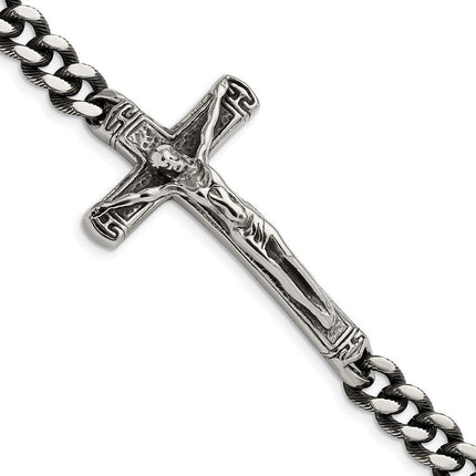 Stainless Steel Antiqued and Polished Crucifix 8.75in Bracelet ,