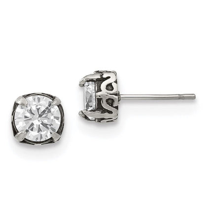 Stainless Steel Antiqued and Polished CZ Post Earrings ,