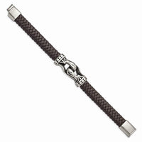 Stainless Steel Antiqued & Polished Dark Brown Faux Leather 8.5in Bracelet ,