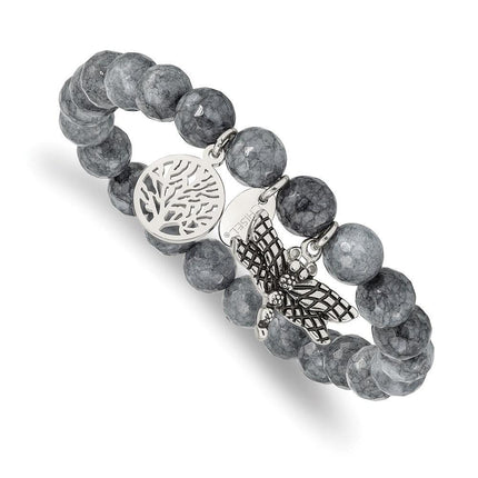 Stainless Steel Antiqued & Polished Dragonfly Grey Dyed Jade Bracelet ,