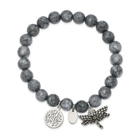 Stainless Steel Antiqued & Polished Dragonfly Grey Dyed Jade Bracelet ,