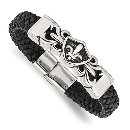 Stainless Steel Antiqued & Polished Fleur de Lis Black Leather Bracelet ,