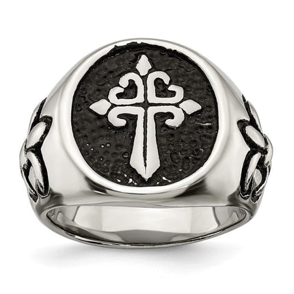 Stainless Steel Antiqued and Polished Fleur de Lis Cross Ring ,