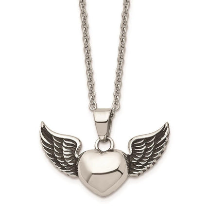 Stainless Steel Antiqued and Polished Heart with Wings Necklace ,