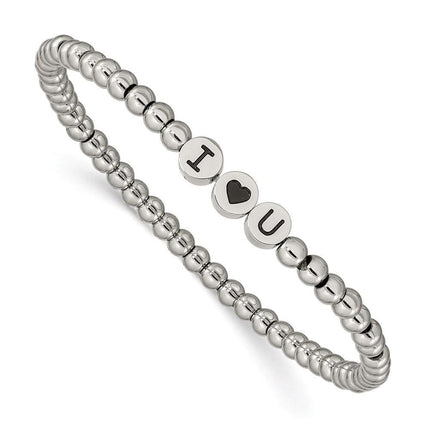 Stainless Steel Antiqued and Polished I HEART U Stretch Bracelet ,