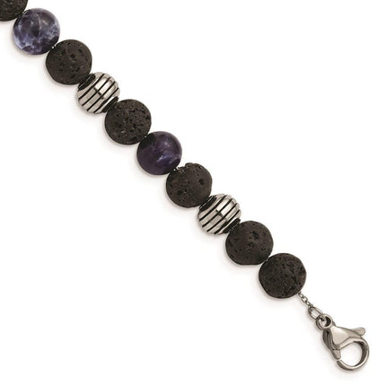 Stainless Steel Antiqued & Polished Lava Stone/Sodalite w/1in ext Bracelet ,