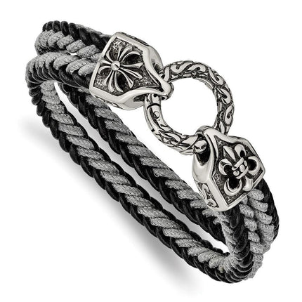 Stainless Steel Antiqued & Polished Leather/Cotton Braided 8in Bracelet ,
