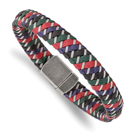 Stainless Steel Antiqued & Polished Multi-Color Leather w/Wire Bracelet ,