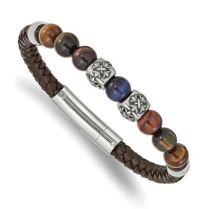 Stainless Steel Antiqued & Polished MultiColor Tiger's Eye Leather Bracelet ,