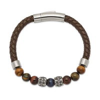 Stainless Steel Antiqued & Polished MultiColor Tiger's Eye Leather Bracelet ,