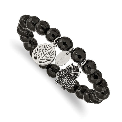 Stainless Steel Antiqued & Polished Owl Black Jade Stretch Bracelet ,