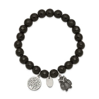 Stainless Steel Antiqued & Polished Owl Black Jade Stretch Bracelet ,