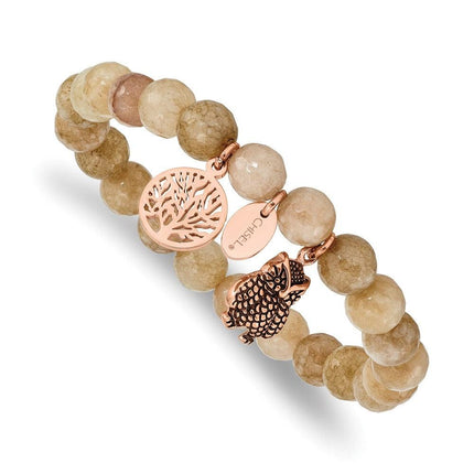 Stainless Steel Antiqued & Polished Rose IP Owl Taupe Dyed Jade Bracelet ,