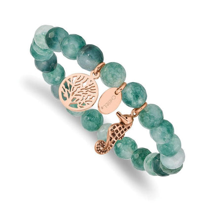 Stainless Steel Antiqued & Polished Rose IP Seahorse Green Dyed Jade Bracel ,