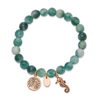 Stainless Steel Antiqued & Polished Rose IP Seahorse Green Dyed Jade Bracel ,