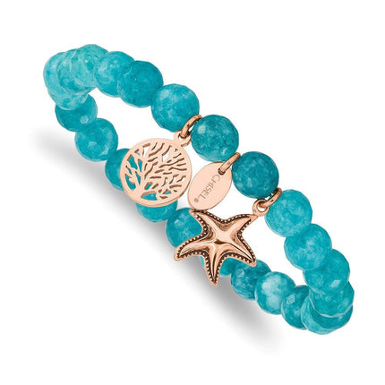 Stainless Steel Antiqued & Polished Rose IP Starfish Aqua Dyed Jade Bracele ,