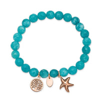 Stainless Steel Antiqued & Polished Rose IP Starfish Aqua Dyed Jade Bracele ,