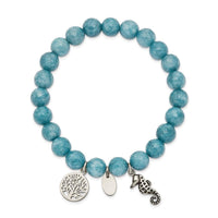 Stainless Steel Antiqued & Polished Seahorse Blue Dyed Jade Stretch Bracele ,